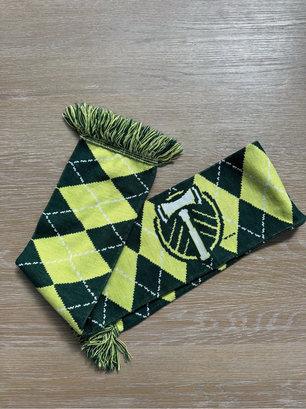Portland Timbers axe logo green & neon yellow argyle fringe soccer fan scarf